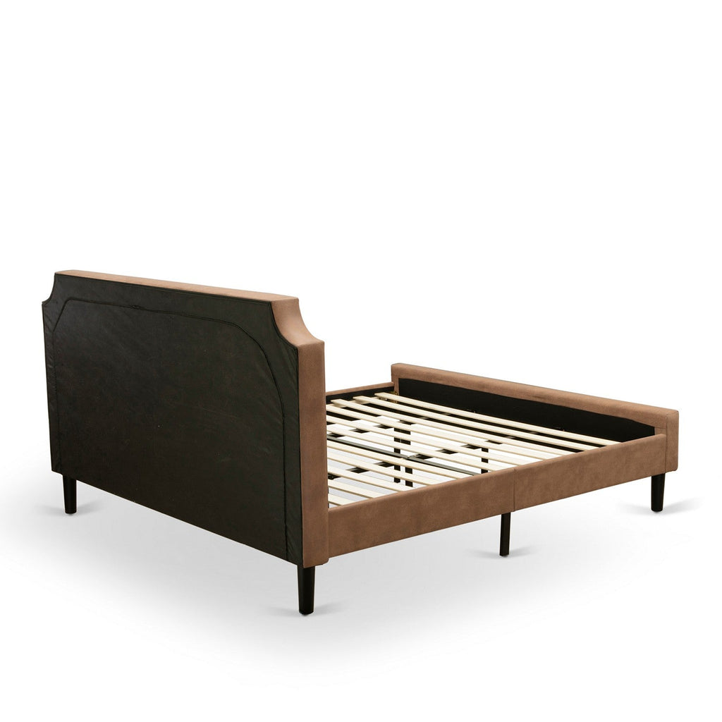 GB28K-2GA07 3-Piece Platform Bed Set with Button Tufted Modern Bed and 2 Distressed Jacobean End Tables - Brown Faux Leather with Brown Texture and Black Legs