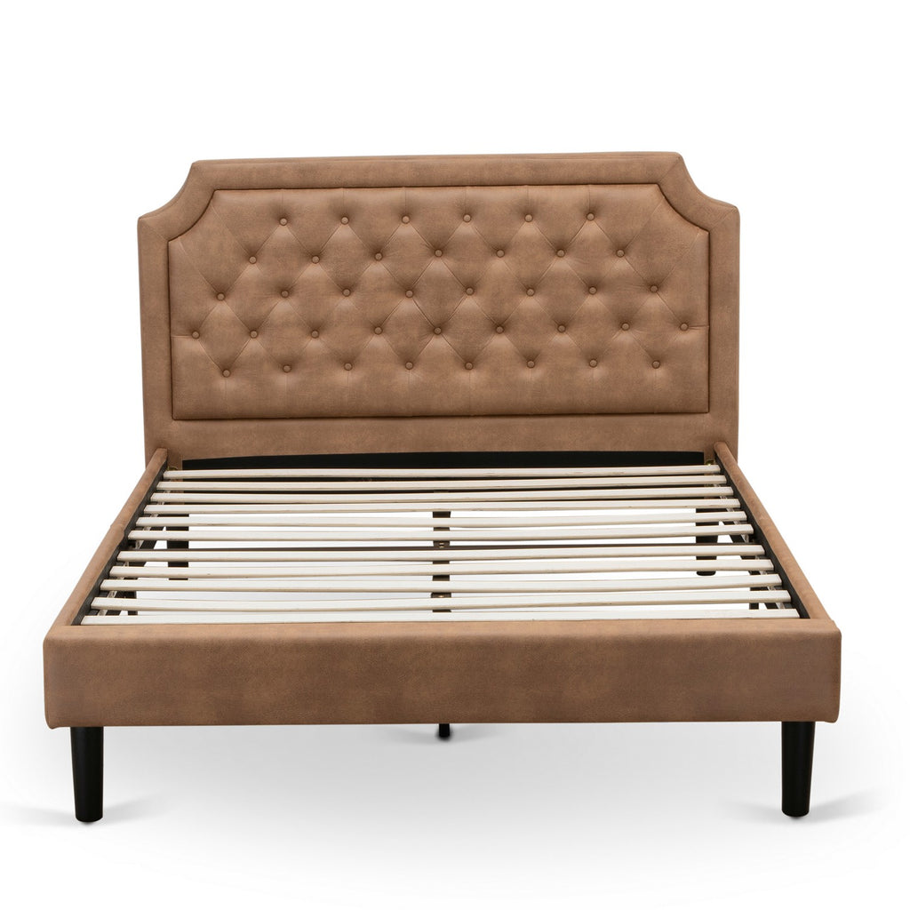 GBF-28-Q Granbury Queen Size Bed - Brown Textured Upholstered Headboard, Footboard and Wood Rails, Slats - Wooden 9 Legs with Full Support Modern Bed Frame - Black Finish