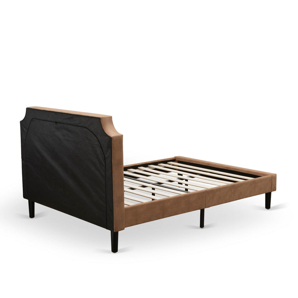 GB28Q-1DE07 2-Piece Platform Bed Set with a Button Tufted Platform Bed and 1 Distressed Jacobean End Table - Brown Faux Leather with Brown Texture and Black Legs