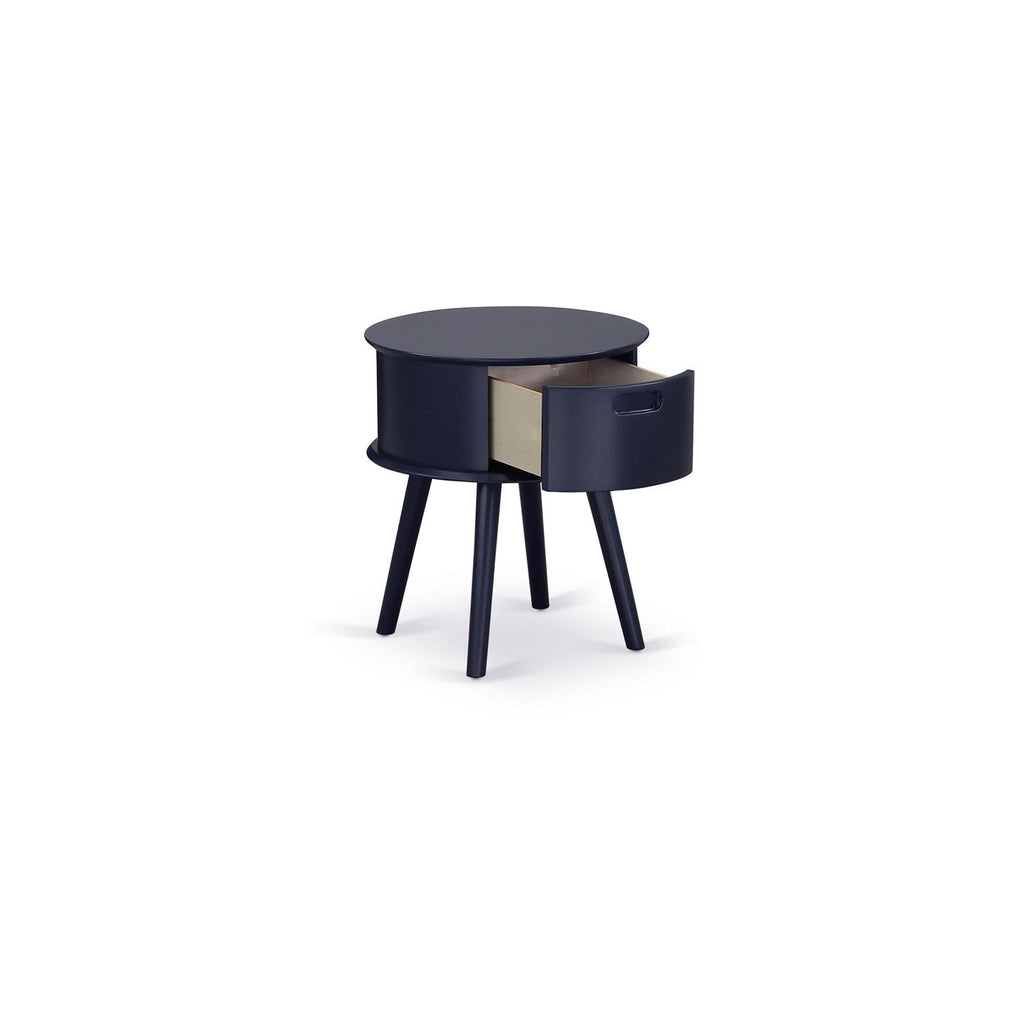 GONE15 Gordon Round Night Stand End Table With Drawer in Navy Blue Finish