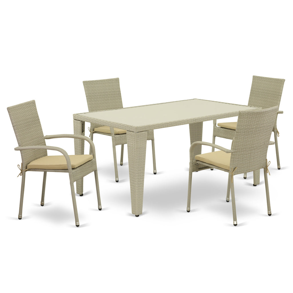 East West Furniture GUGU5-03A 5 Piece Outdoor Patio Conversation Sets Includes a Rectangle Wicker Dining Table with Glass Top and 4 Balcony Backyard Armchair with Cushion, 36x60 Inch, Natural Linen