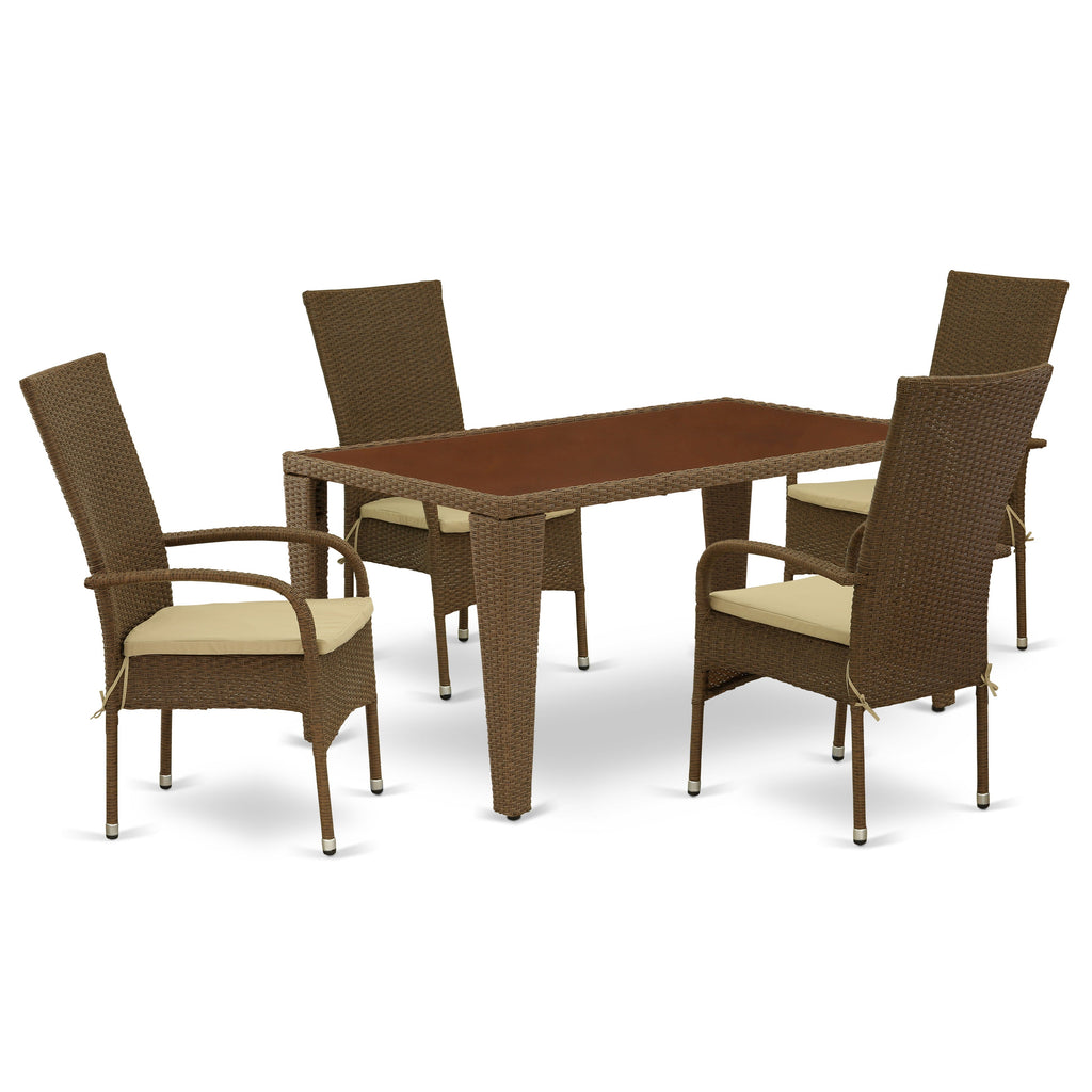 East West Furniture GUOS5-02A 5 Piece Patio Furniture Sets Wicker Outdoor Set Includes a Rectangle Dining Table with Glass Top and 4 Balcony Armchair with Cushion, 36x60 Inch, Brown
