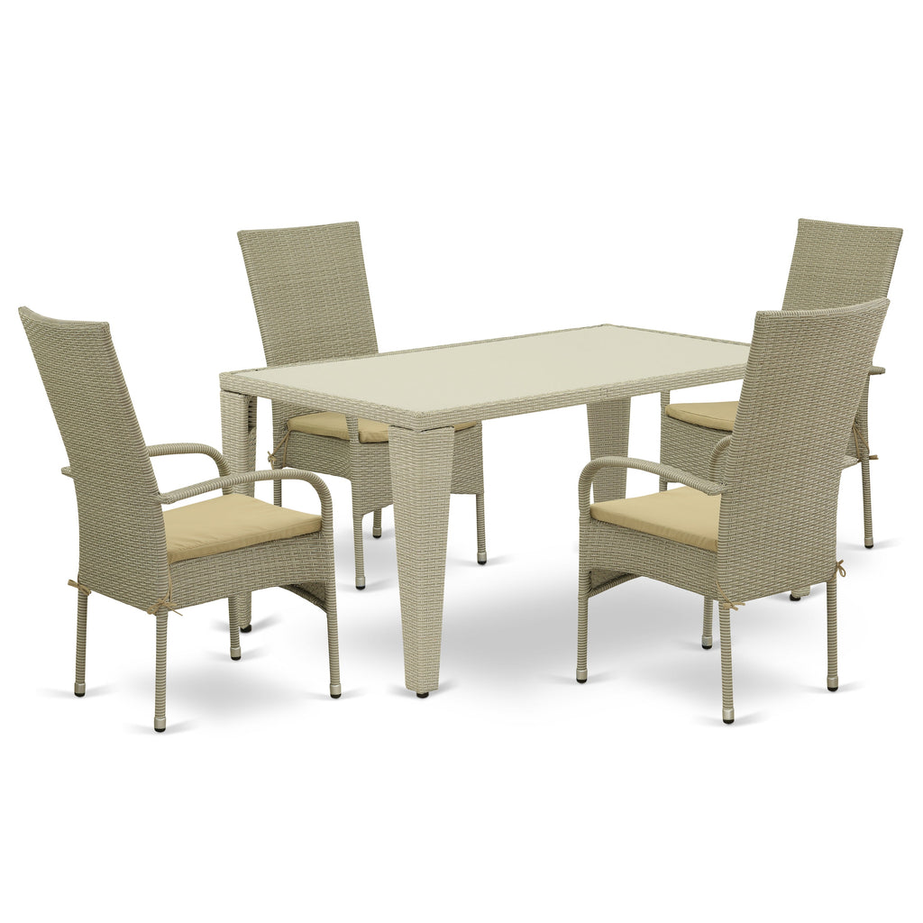 East West Furniture GUOS5-03A 5 Piece Outdoor Patio Conversation Sets Includes a Rectangle Wicker Dining Table with Glass Top and 4 Balcony Backyard Armchair with Cushion, 36x60 Inch, Natural Linen