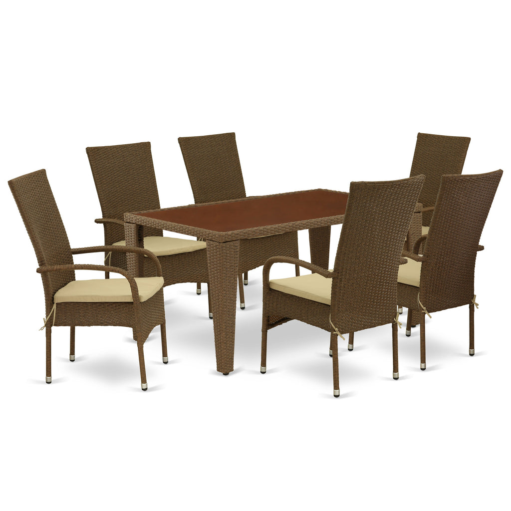 East West Furniture GUOS7-02A 7 Piece Outdoor Patio Conversation Sets Consist of a Rectangle Wicker Dining Table with Glass Top and 6 Backyard Armchair with Cushion, 36x60 Inch, Brown