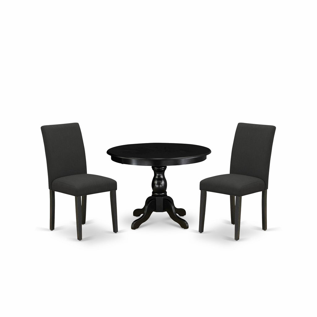 East West Furniture HBAB3-ABK-24 3 Piece Dining Room Table Set Contains a Round Dining Table with Pedestal and 2 Black Color Linen Fabric Upholstered Chairs, 42x42 Inch, Wirebrushed Black