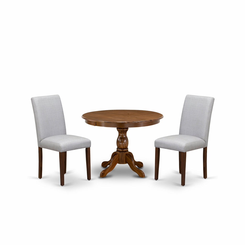 East West Furniture HBAB3-AWA-05 3 Piece Modern Dining Table Set Contains a Round Wooden Table with Pedestal and 2 Grey Linen Fabric Upholstered Parson Chairs, 42x42 Inch, Walnut