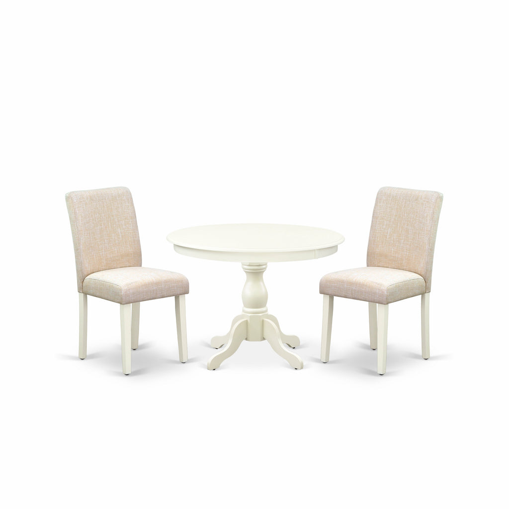 East West Furniture HBAB3-LWH-02 3 Piece Dining Set Contains a Round Dining Room Table with Pedestal and 2 Light Beige Linen Fabric Upholstered Parson Chairs, 42x42 Inch, Linen White