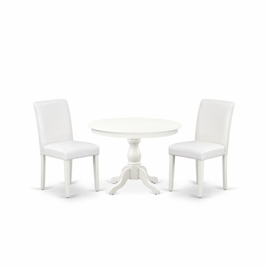 East West Furniture HBAB3-LWH-64 3 Piece Dining Room Table Set Contains a Round Kitchen Table with Pedestal and 2 White Faux Leather Parson Dining Chairs, 42x42 Inch, Linen White