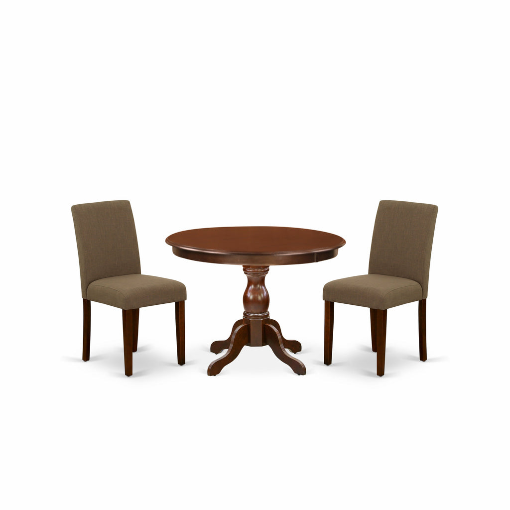 East West Furniture HBAB3-MAH-18 3 Piece Dining Room Table Set Contains a Round Kitchen Table with Pedestal and 2 Coffee Linen Fabric Parson Dining Chairs, 42x42 Inch, Mahogany