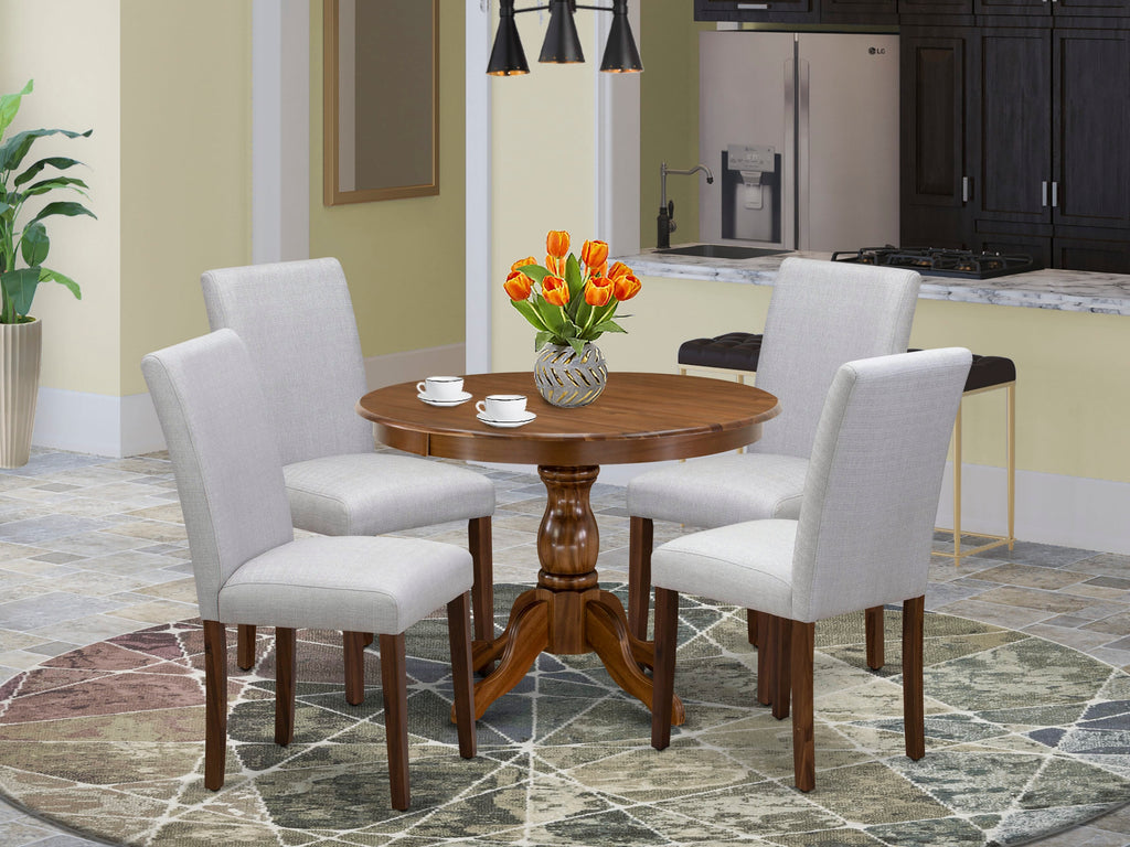 East West Furniture HBAB5-AWA-05 5 Piece Dining Room Furniture Set Includes a Round Dining Table with Pedestal and 4 Grey Linen Fabric Upholstered Chairs, 42x42 Inch, Walnut