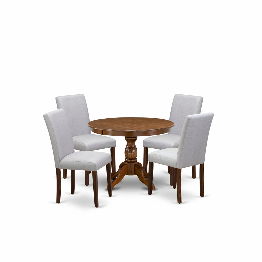 East West Furniture HBAB5-AWA-05 5 Piece Dining Room Furniture Set Includes a Round Dining Table with Pedestal and 4 Grey Linen Fabric Upholstered Chairs, 42x42 Inch, Walnut