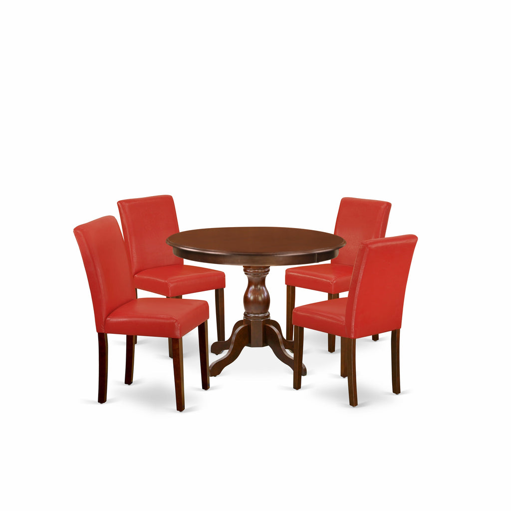 East West Furniture HBAB5-MAH-72 5 Piece Dining Table Set Includes a Round Wooden Table with Pedestal and 4 Firebrick Red Faux Leather Parson Dining Room Chairs, 42x42 Inch, Mahogany