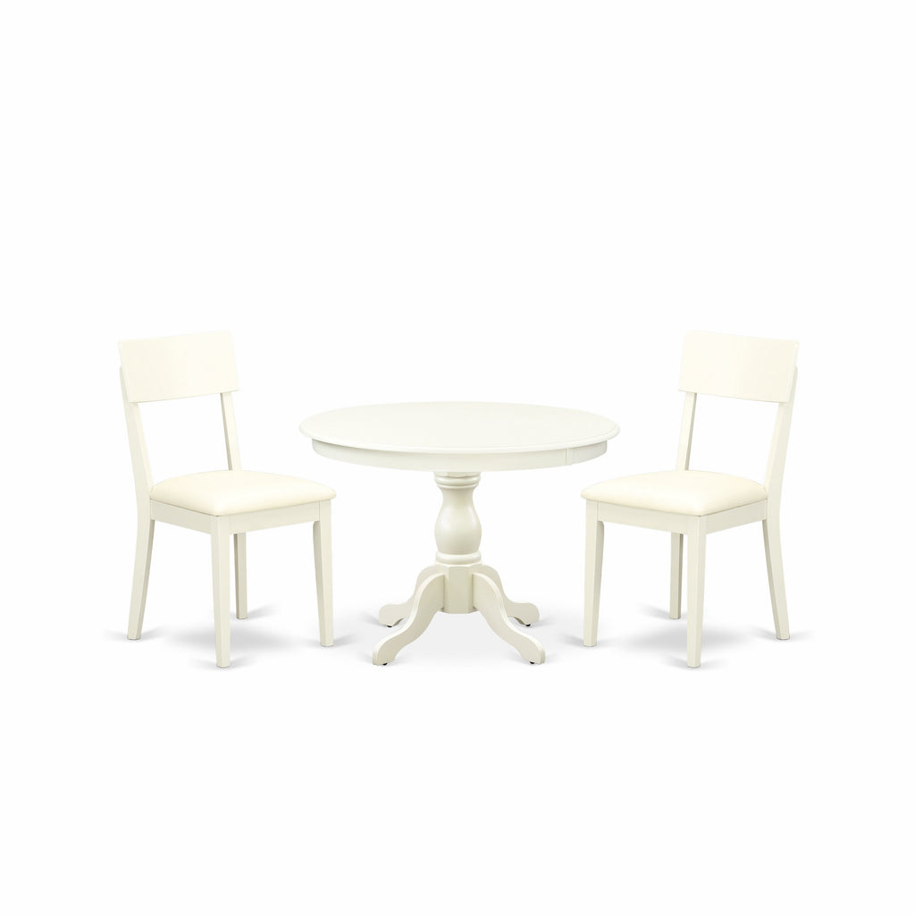 East West Furniture HBAD3-LWH-LC 3 Piece Kitchen Table Set for Small Spaces Contains a Round Dining Table with Pedestal and 2 Faux Leather Dining Room Chairs, 42x42 Inch, Linen White