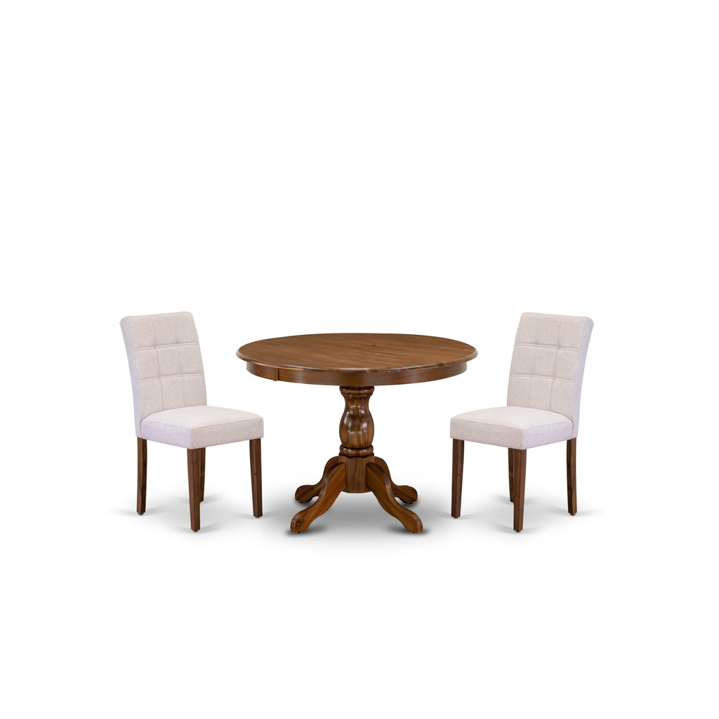 East West Furniture HBAS3-AWA-08 3 Piece Dining Table Set consists A Mid Century Table and 2 Mist Beige Linen Fabric Modern Dining Chairs, Antique Walnut