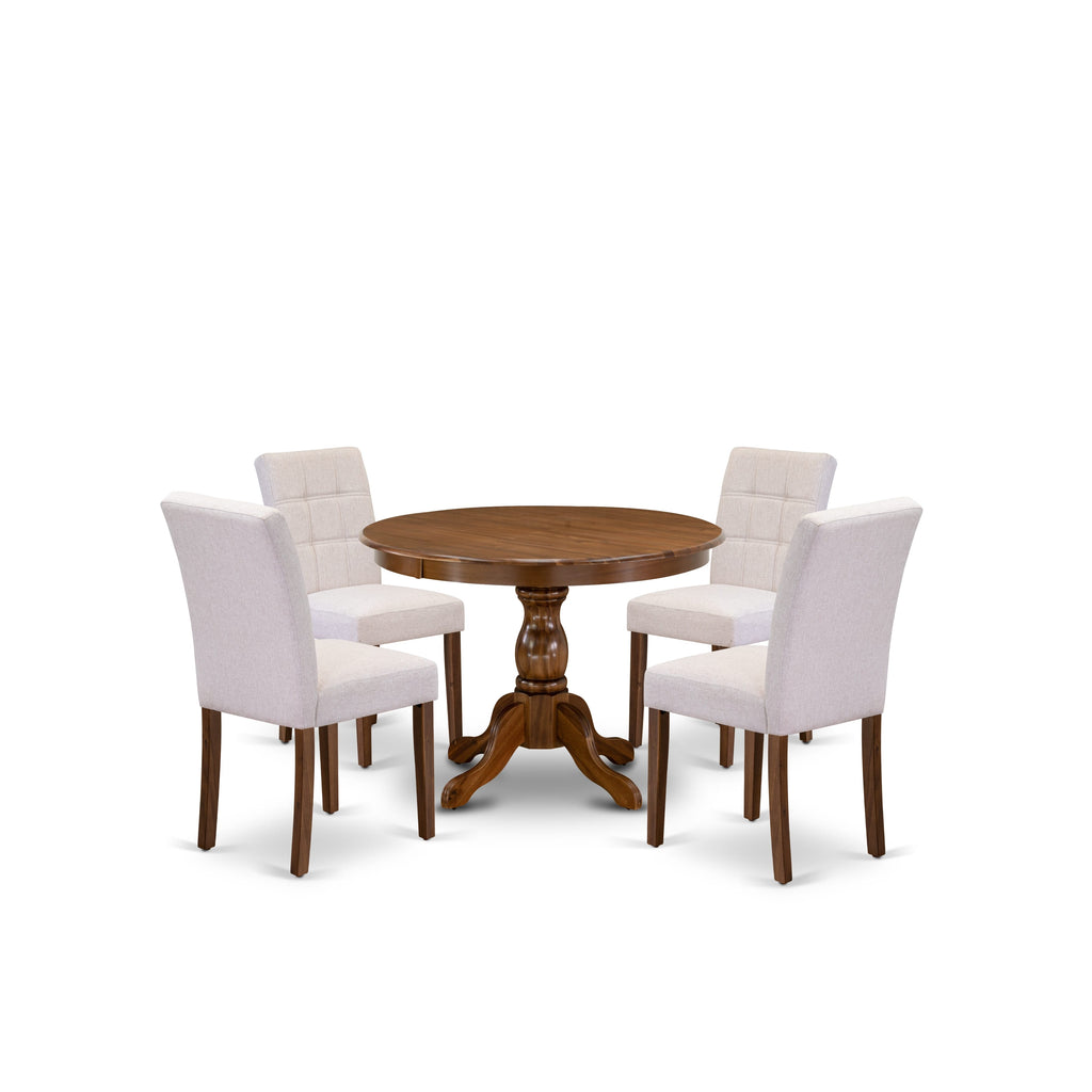 East West Furniture HBAS5-AWA-08 5 Piece Kitchen Table Set Includes A Dinner Table and 4 Mist Beige Linen Fabric Parsons Chairs, Antique Walnut