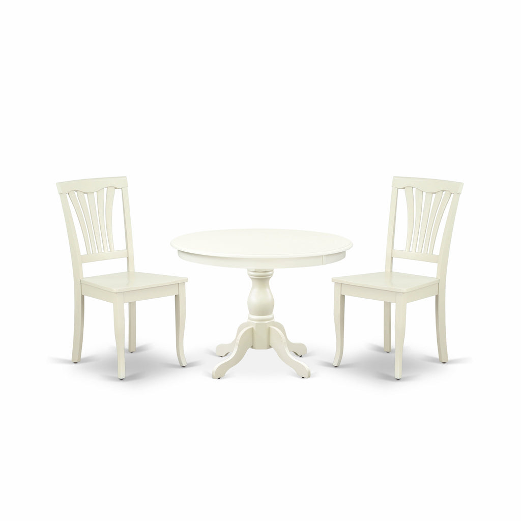 East West Furniture HBAV3-LWH-W 3 Piece Dining Room Furniture Set Contains a Round Kitchen Table with Pedestal and 2 Dining Chairs, 42x42 Inch, Linen White