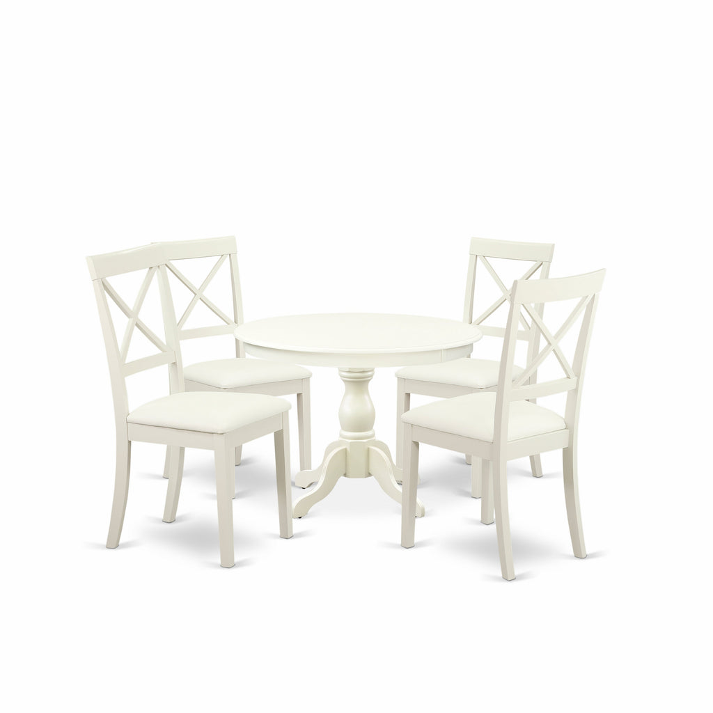 East West Furniture HBBO5-LWH-C 5 Piece Modern Dining Table Set Includes a Round Wooden Table with Pedestal and 4 Linen Fabric Kitchen Dining Chairs, 42x42 Inch, Linen White