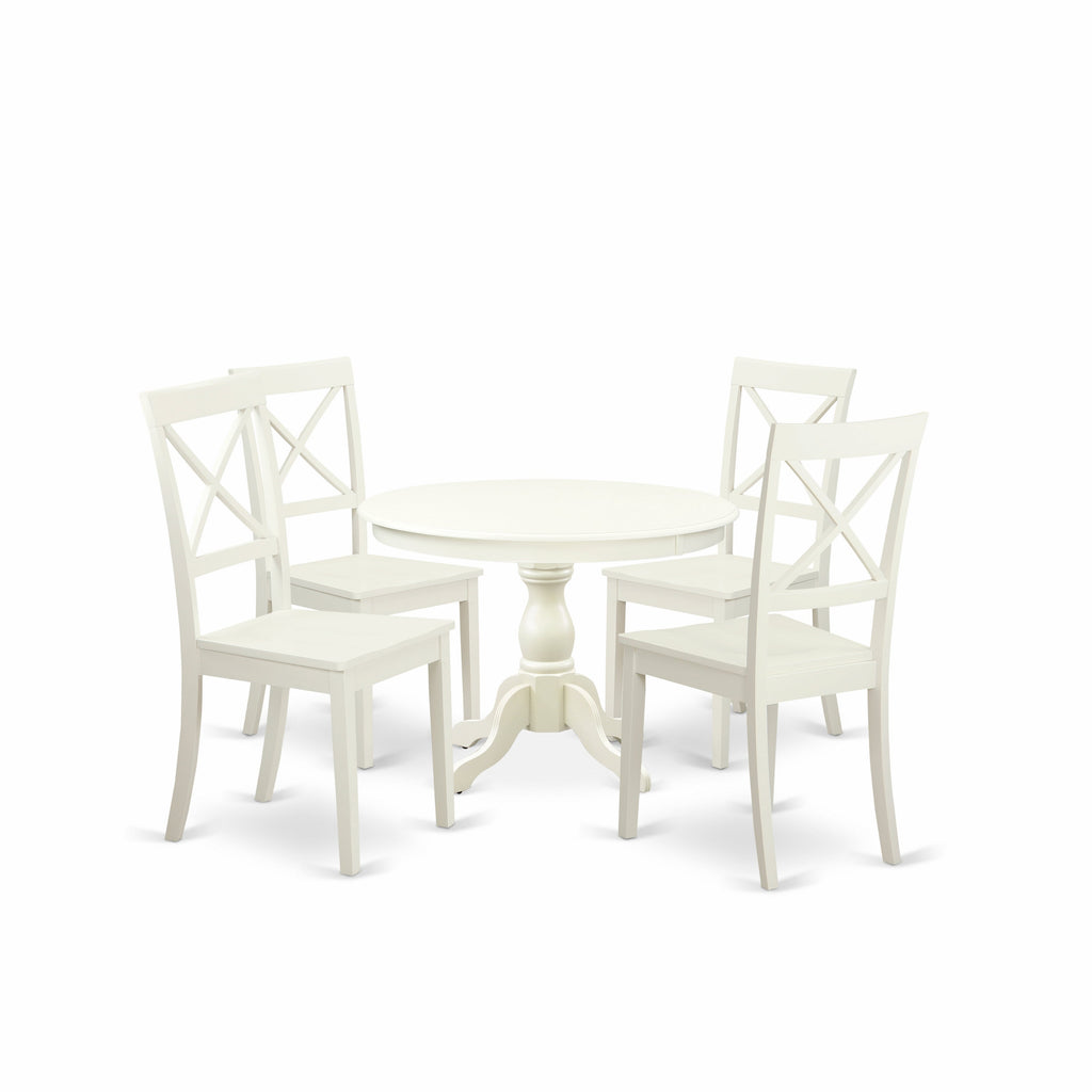 East West Furniture HBBO5-LWH-W 5 Piece Dining Room Furniture Set Includes a Round Kitchen Table with Pedestal and 4 Dining Chairs, 42x42 Inch, Linen White