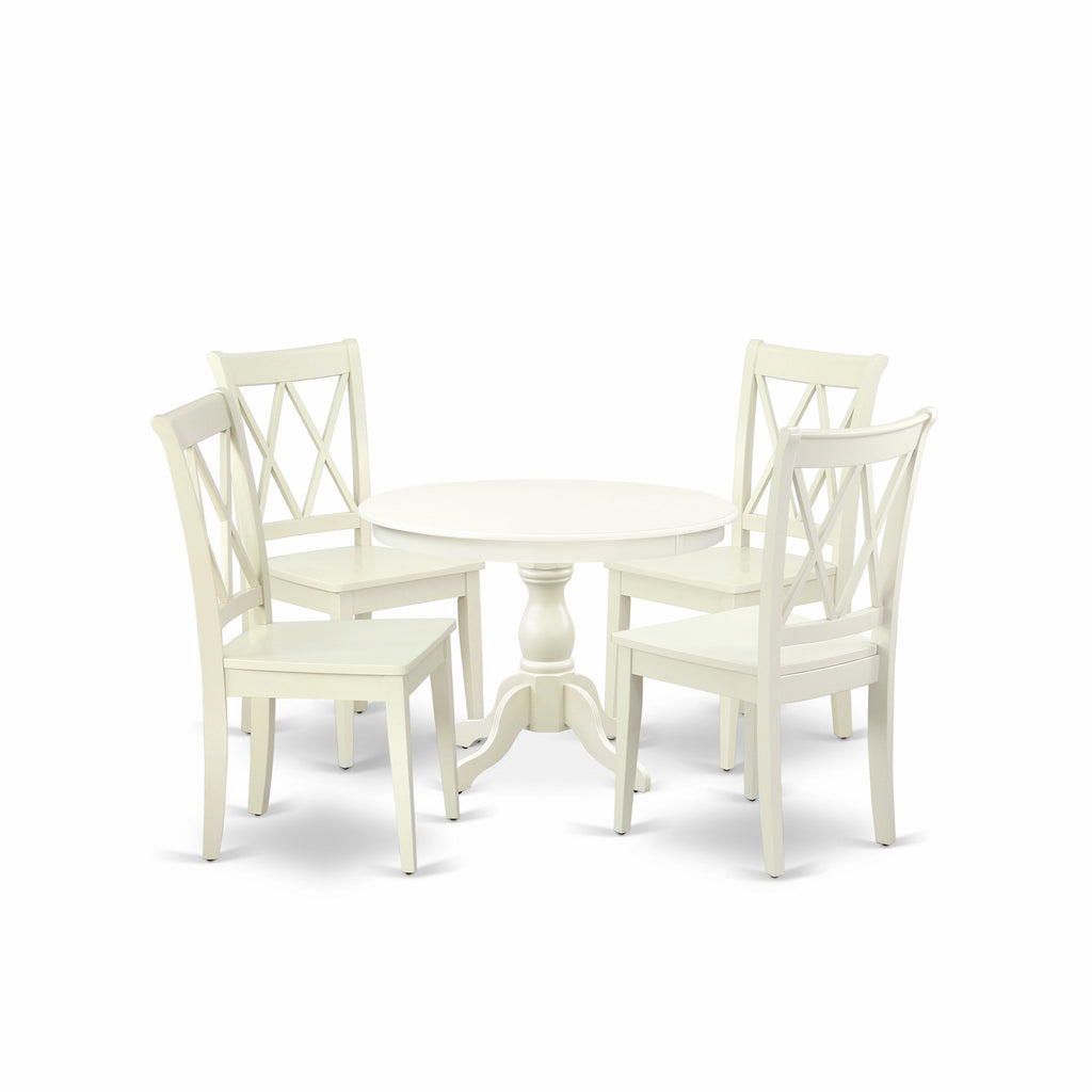 East West Furniture HBCL5-LWH-W 5 Piece Dining Set Includes a Round Dining Room Table with Pedestal and 4 Kitchen Chairs, 42x42 Inch, Linen White