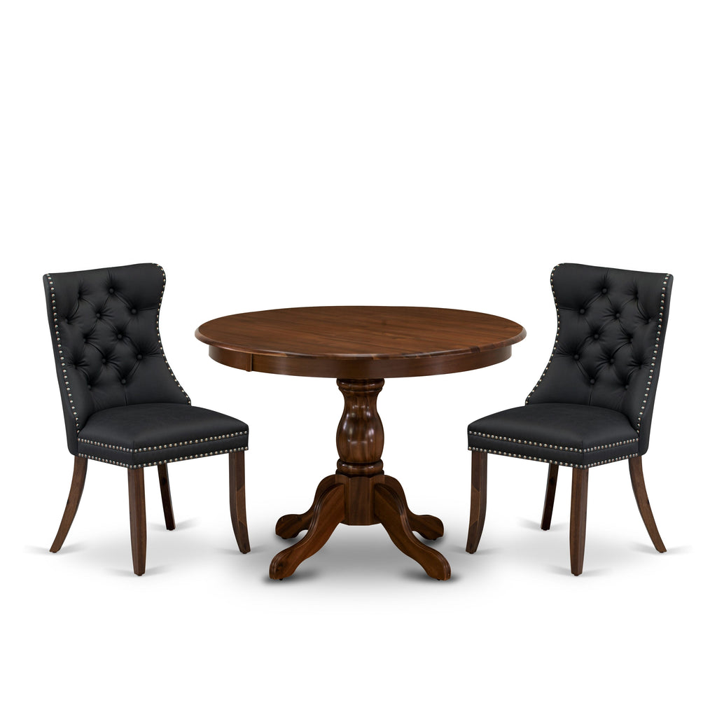 East West Furniture HBDA3-AWA-12 3 Piece Dining Set for Small Spaces Consists of a Round Kitchen Table and 2 Upholstered Parson Chairs, 42x42 Inch, Antique Walnut