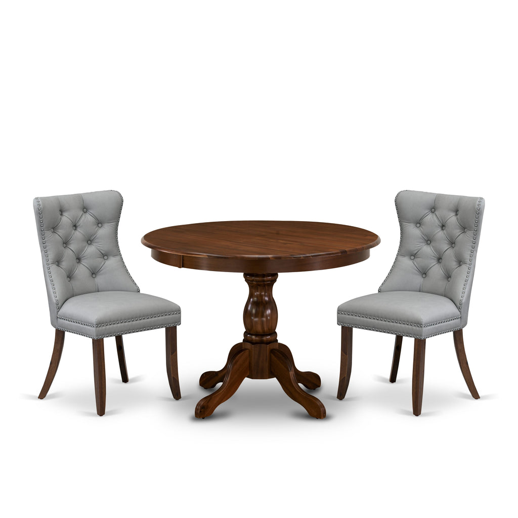 East West Furniture HBDA3-AWA-27 3 Piece Dining Room Table Set Includes a Round Kitchen Table and 2 Upholstered Parson Chairs, 42x42 Inch, Antique Walnut