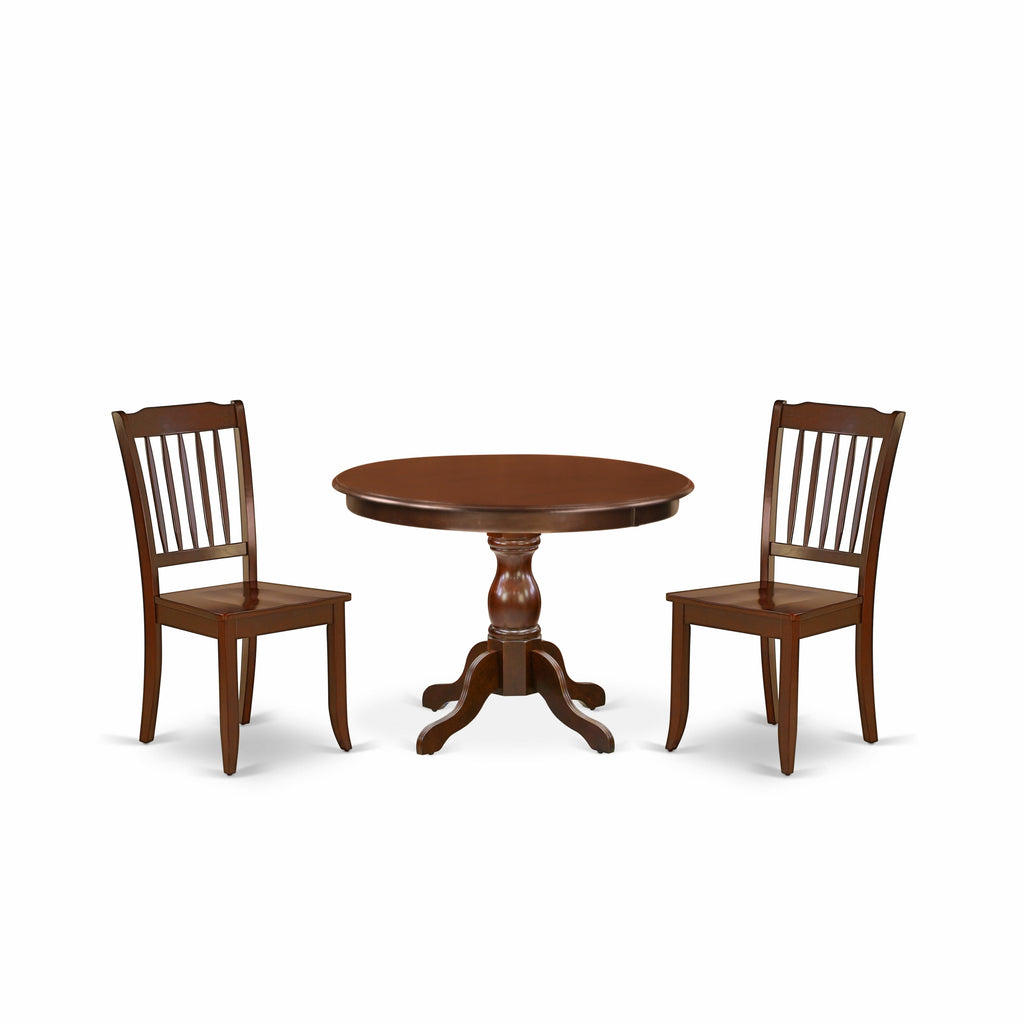 East West Furniture HBDA3-MAH-W 3 Piece Modern Dining Table Set Contains a Round Wooden Table with Pedestal and 2 Dining Chairs, 42x42 Inch, Mahogany