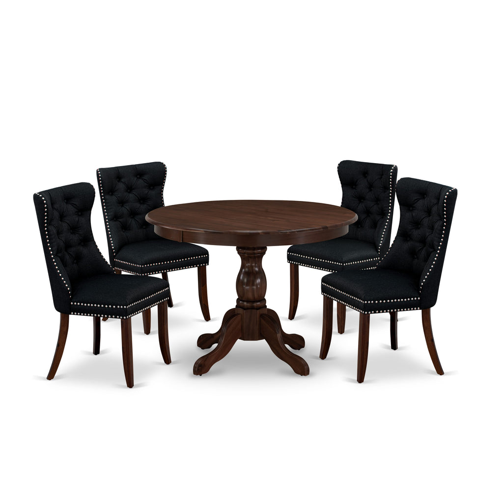 East West Furniture HBDA5-AWA-24 5 Piece Dining Set for Small SpacesIncludes a Round Kitchen Table and 4 Upholstered Parson Chairs, 42x42 Inch, Antique Walnut