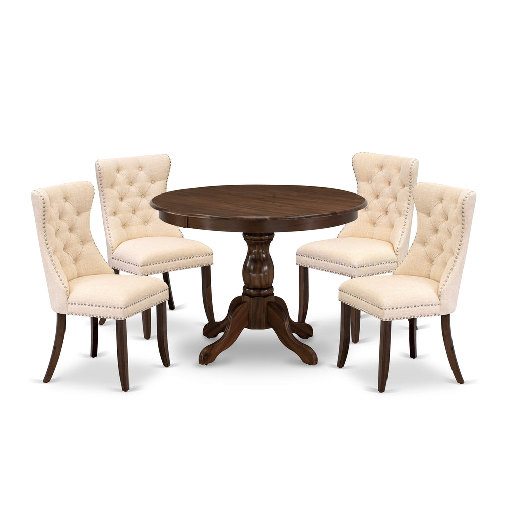 East West Furniture HBDA5-AWA-32 5 Piece Dinette Set Contains a Round Kitchen Dining Table and 4 Upholstered Parson Chairs, 42x42 Inch, Antique Walnut