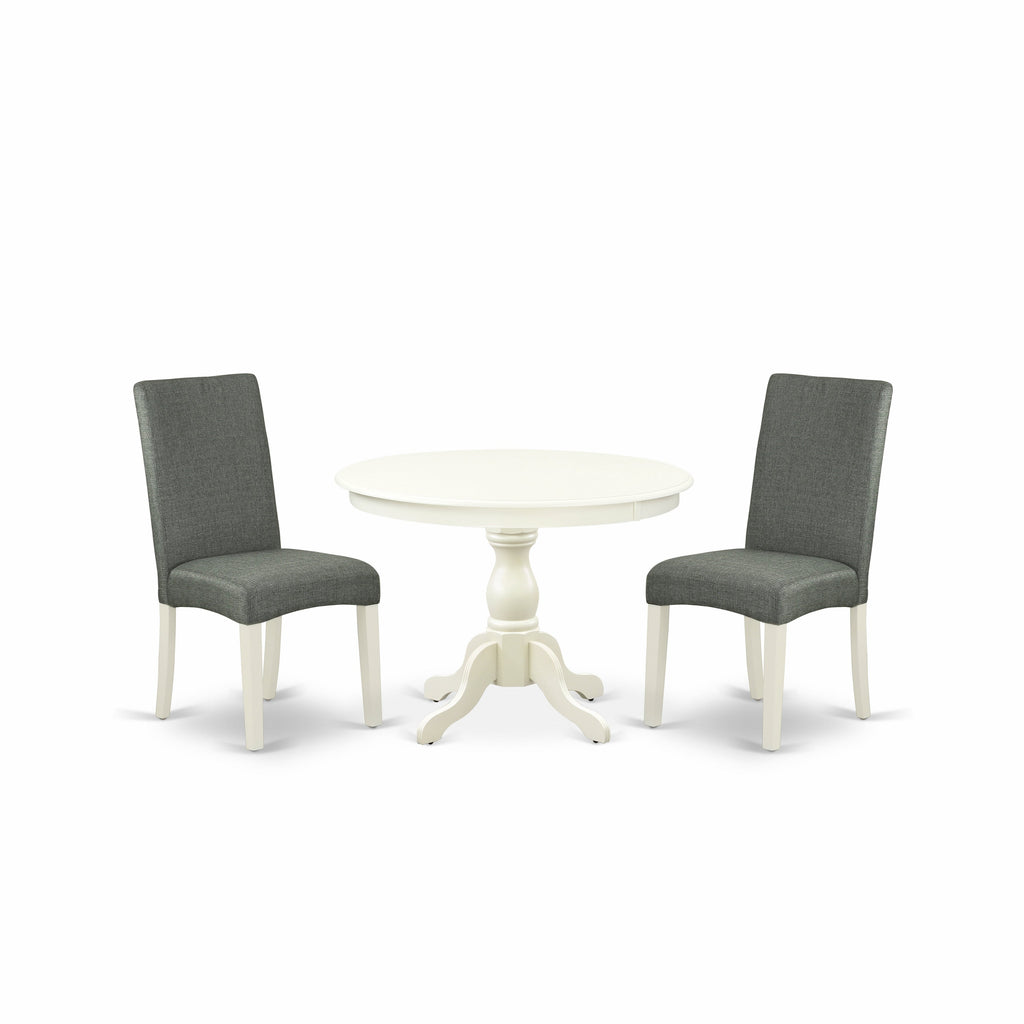 East West Furniture HBDR3-LWH-07 3 Piece Dining Set Contains a Round Dining Room Table with Pedestal and 2 Gray Linen Fabric Upholstered Parson Chairs, 42x42 Inch, Linen White