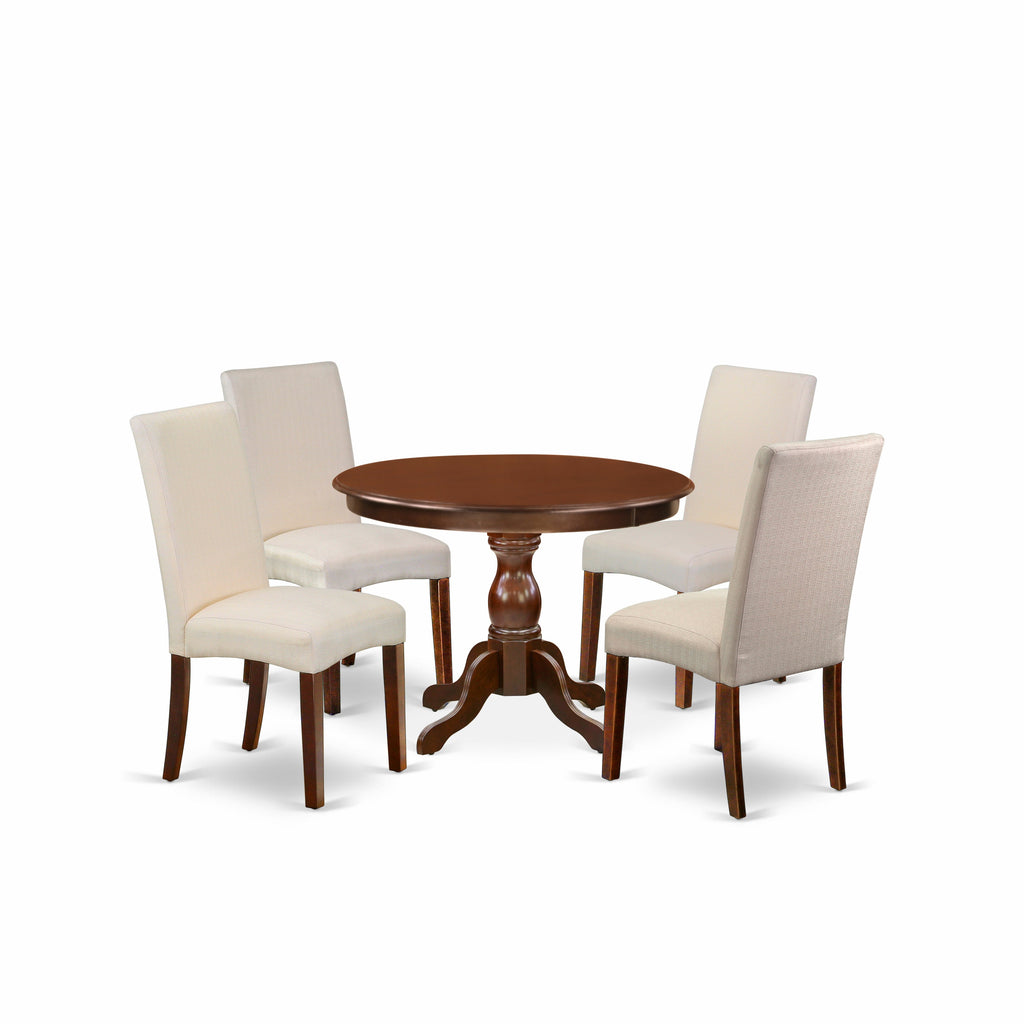 East West Furniture HBDR5-MAH-01 5 Piece Modern Dining Table Set Includes a Round Wooden Table with Pedestal and 4 Cream Linen Fabric Upholstered Parson Chairs, 42x42 Inch, Mahogany