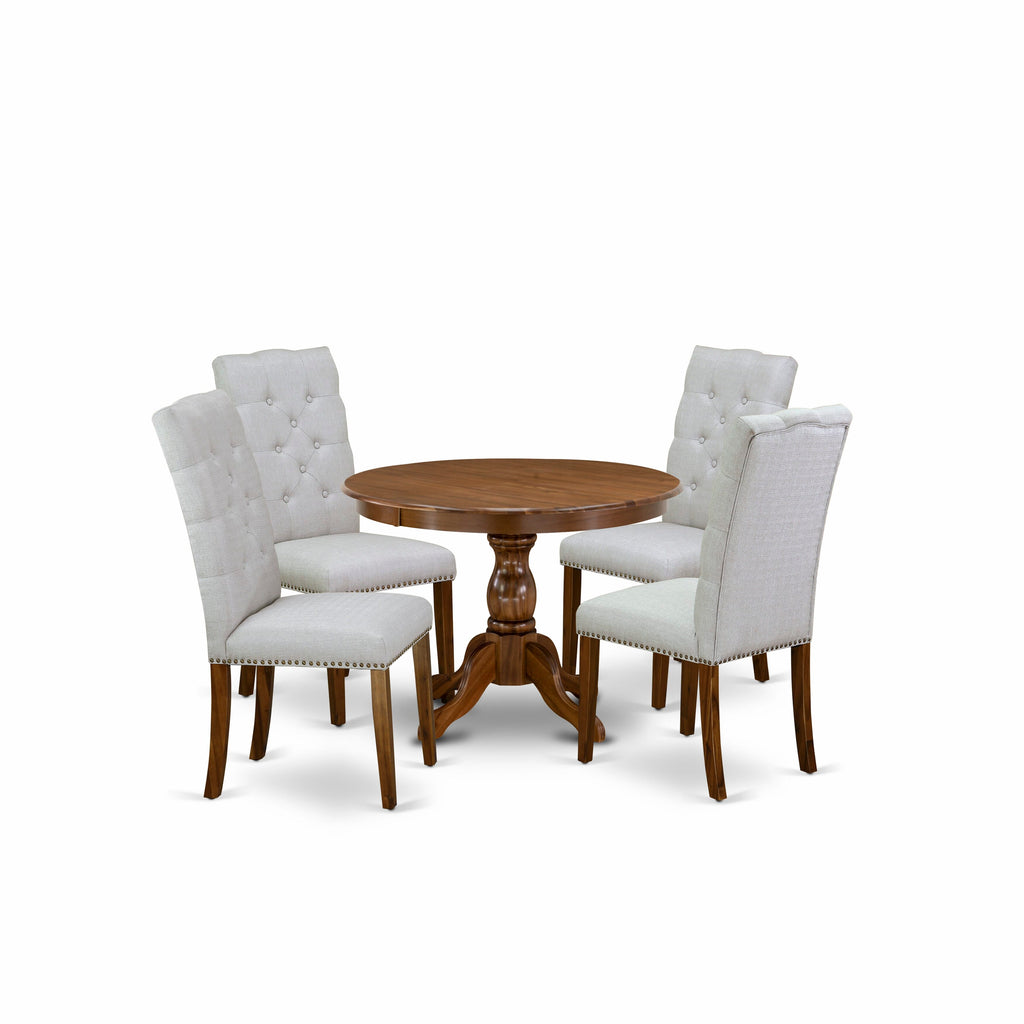 East West Furniture HBEL5-AWA-05 5 Piece Dining Set Includes a Round Dining Room Table with Pedestal and 4 Grey Linen Fabric Upholstered Chairs, 42x42 Inch, Walnut