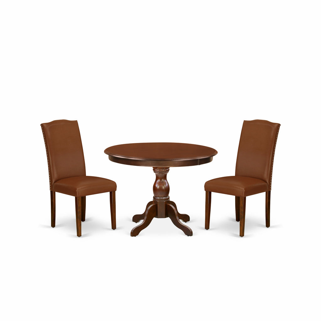 East West Furniture HBEN3-MAH-66 3 Piece Dining Room Table Set Contains a Round Kitchen Table with Pedestal and 2 Brown Faux Faux Leather Parsons Dining Chairs, 42x42 Inch, Mahogany