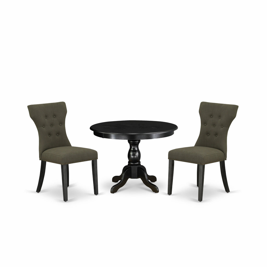 East West Furniture HBGA3-ABK-50 3 Piece Dining Set Contains a Round Dining Room Table with Pedestal and 2 Dark Gotham Linen Fabric Upholstered Parson Chairs, 42x42 Inch, Wirebrushed Black