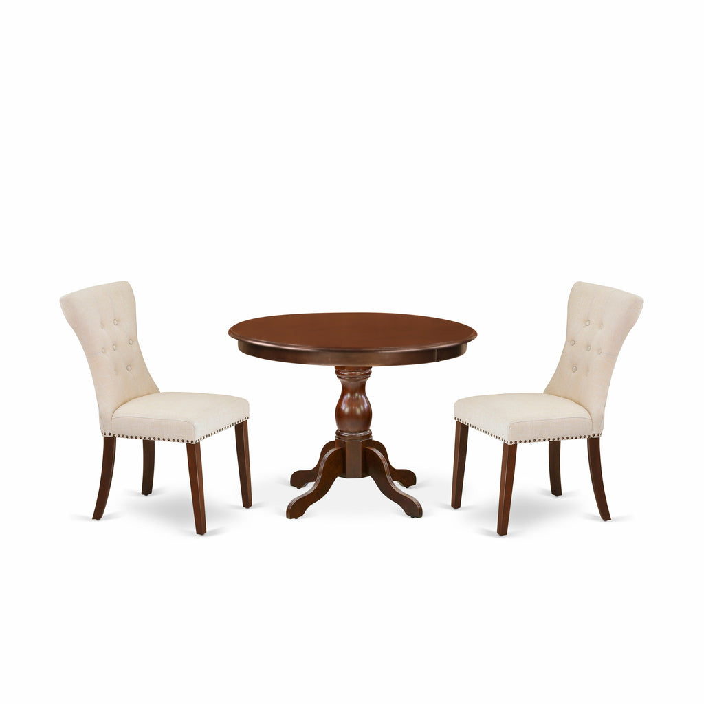 East West Furniture HBGA3-MAH-32 3 Piece Dining Room Furniture Set Contains a Round Dining Table with Pedestal and 2 Light Beige Linen Fabric Upholstered Chairs, 42x42 Inch, Mahogany