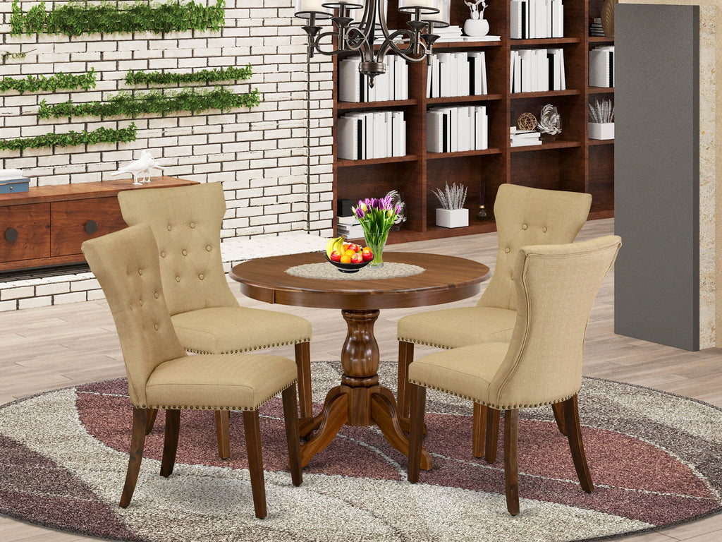 East West Furniture HBGA5-AWA-03 5 Piece Dining Table Set for 4 Includes a Round Kitchen Table with Pedestal and 4 Brown Linen Fabric Upholstered Parson Chairs, 42x42 Inch, Antique Walnut