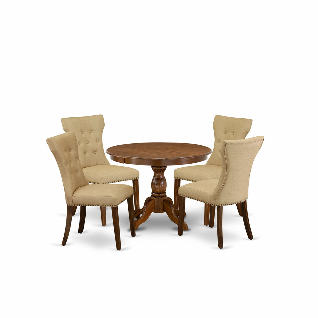 East West Furniture HBGA5-AWA-03 5 Piece Dining Table Set for 4 Includes a Round Kitchen Table with Pedestal and 4 Brown Linen Fabric Upholstered Parson Chairs, 42x42 Inch, Antique Walnut