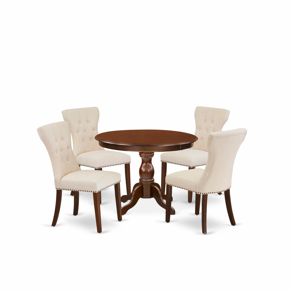 East West Furniture HBGA5-MAH-32 5 Piece Dining Room Table Set Includes a Round Kitchen Table with Pedestal and 4 Light Beige Linen Fabric Parson Dining Chairs, 42x42 Inch, Mahogany
