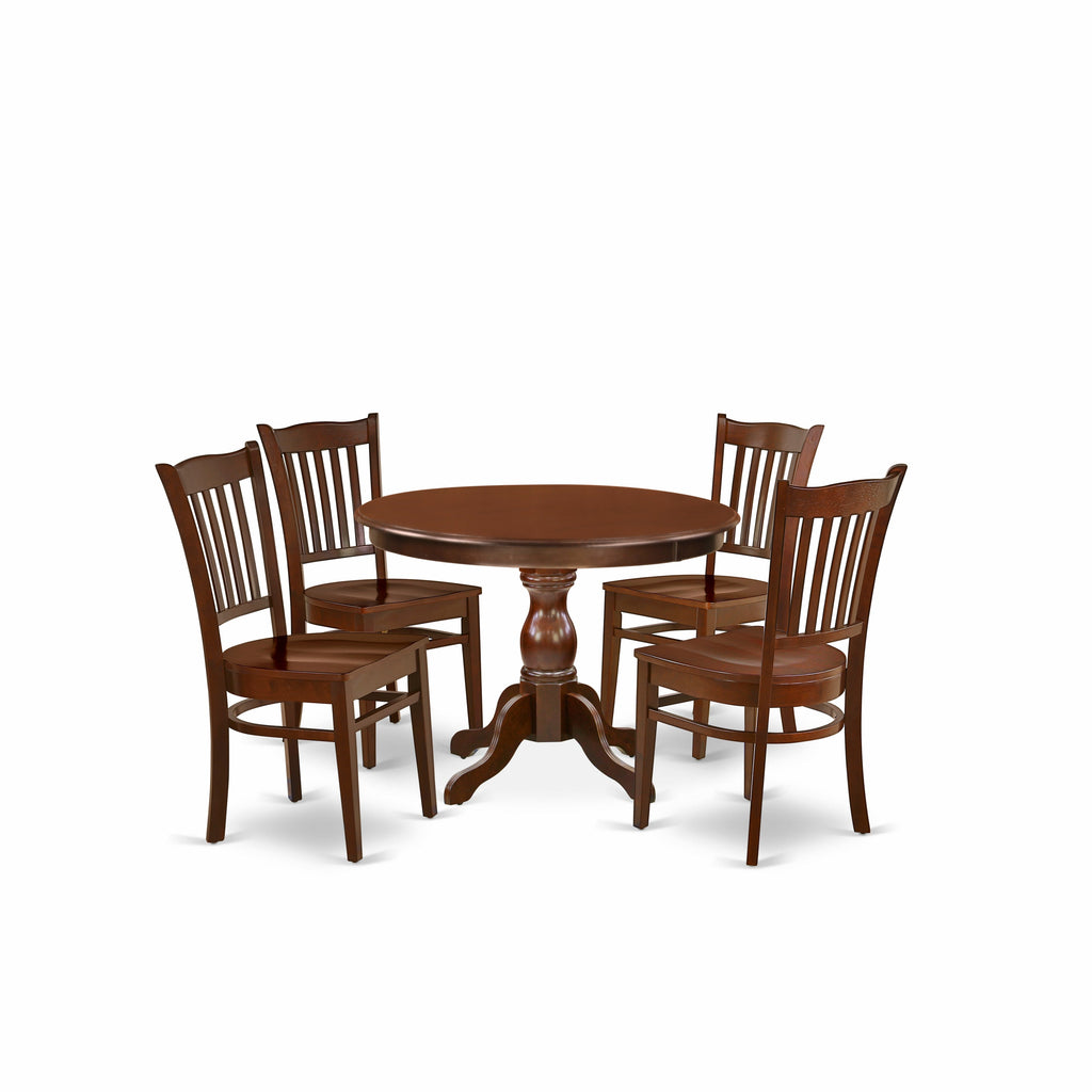 East West Furniture HBGR5-MAH-W 5 Piece Dining Table Set for 4 Includes a Round Kitchen Table with Pedestal and 4 Dinette Chairs, 42x42 Inch, Mahogany