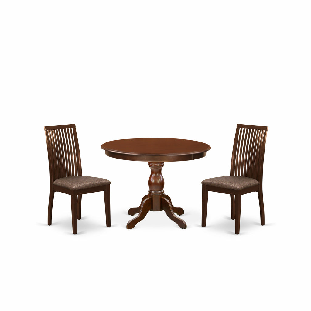 East West Furniture HBIP3-MAH-C 3 Piece Dining Room Furniture Set Contains a Round Kitchen Table with Pedestal and 2 Linen Fabric Upholstered Dining Chairs, 42x42 Inch, Mahogany