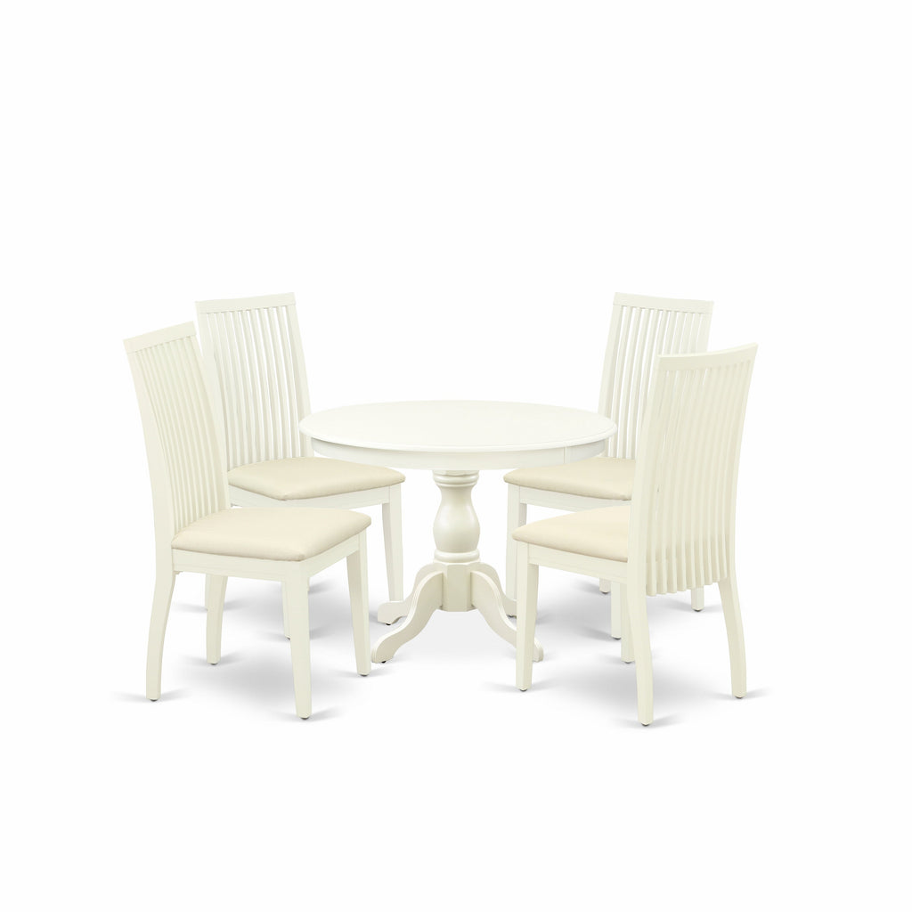 East West Furniture HBIP5-LWH-C 5 Piece Dining Set Includes a Round Dining Table with Pedestal and 4 Linen Fabric Kitchen Room Chairs, 42x42 Inch, Linen White