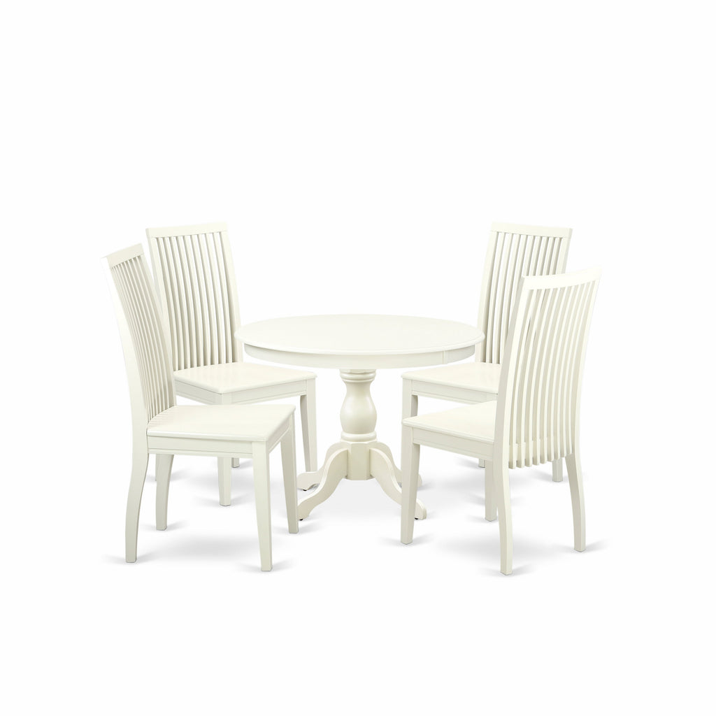 East West Furniture HBIP5-LWH-W 5 Piece Dining Room Table Set Includes a Round Dining Table with Pedestal and 4 Wood Seat Chairs, 42x42 Inch, Linen White