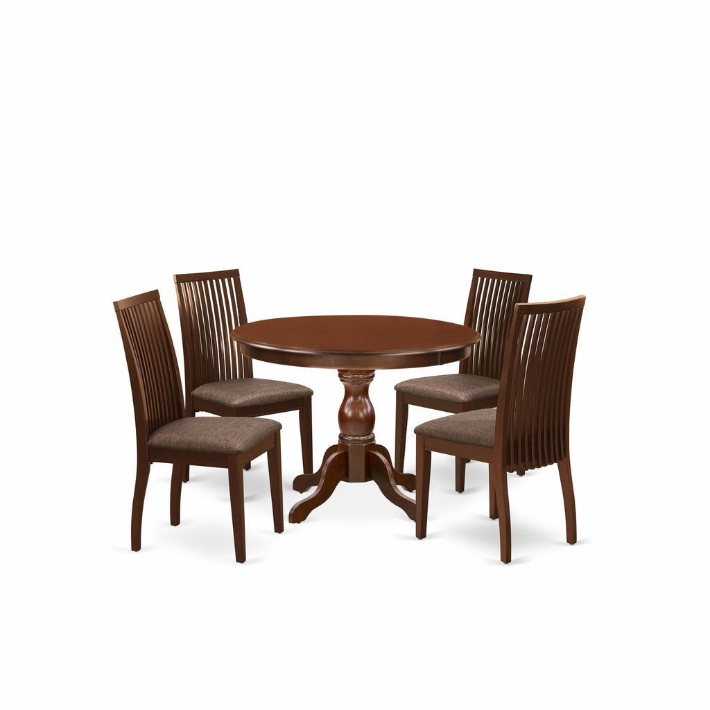 East West Furniture HBIP5-MAH-C 5 Piece Dinette Set for 4 Includes a Round Dining Room Table with Pedestal and 4 Linen Fabric Upholstered Dining Chairs, 42x42 Inch, Mahogany