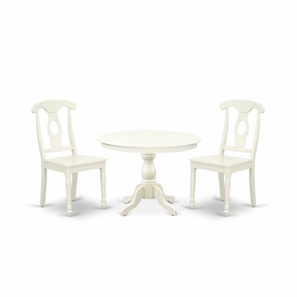 East West Furniture HBKE3-LWH-W 3 Piece Kitchen Table & Chairs Set Contains a Round Dining Table with Pedestal and 2 Dining Room Chairs, 42x42 Inch, Linen White