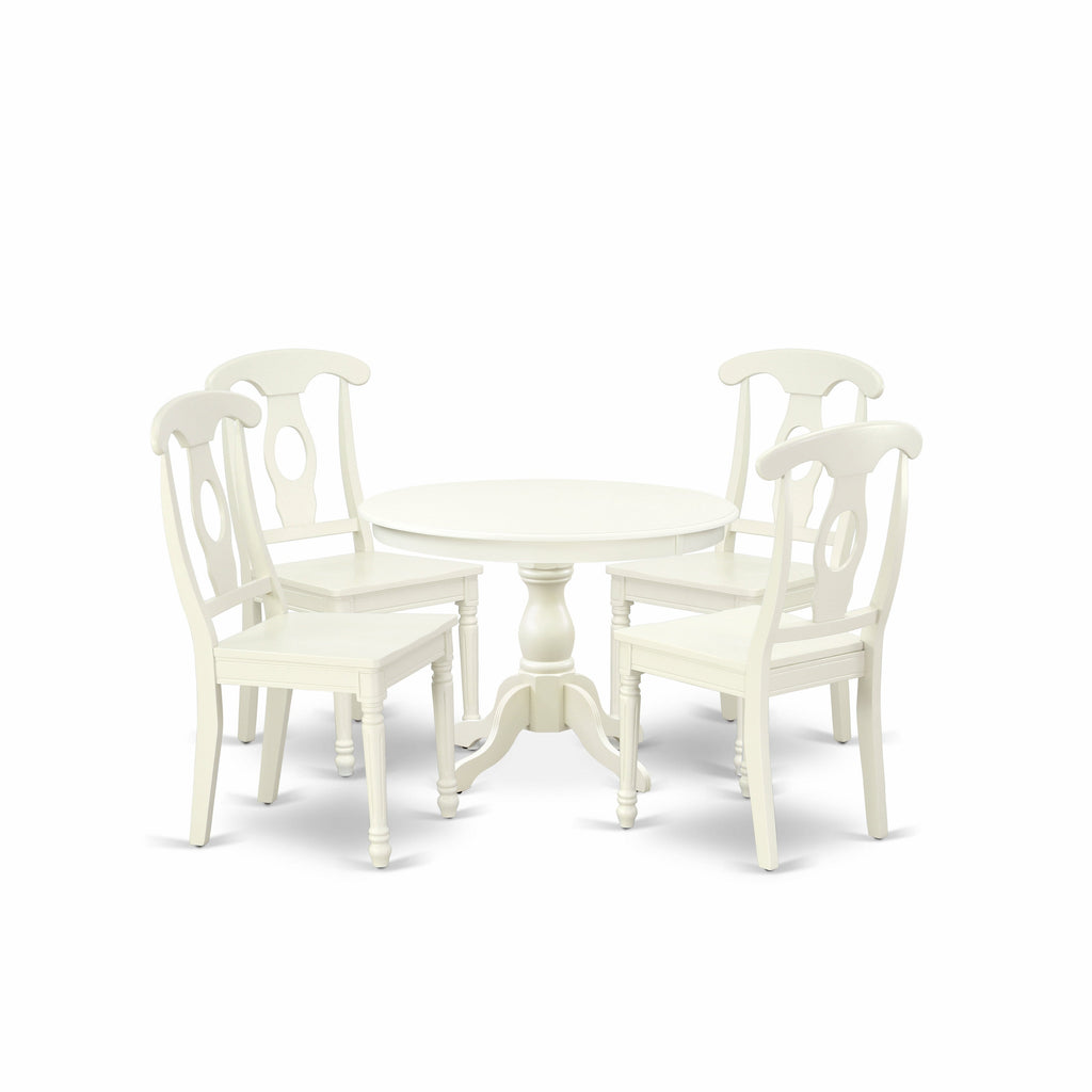 East West Furniture HBKE5-LWH-W 5 Piece Dining Room Table Set Includes a Round Kitchen Table with Pedestal and 4 Dining Chairs, 42x42 Inch, Linen White