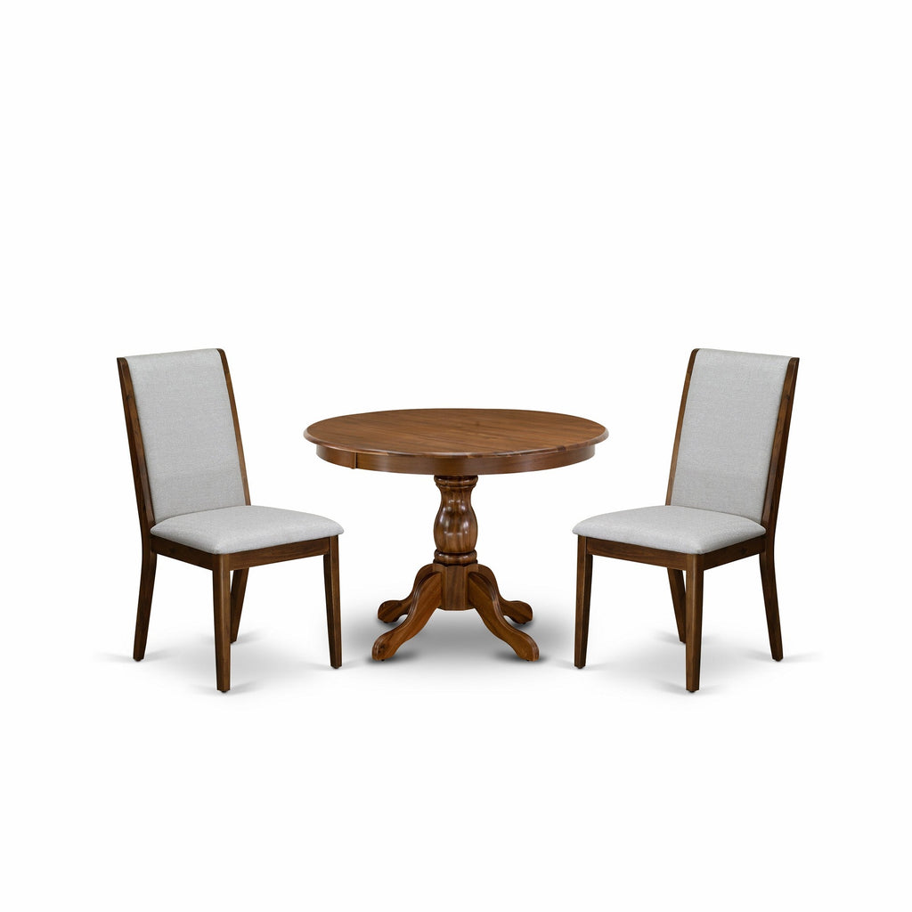 East West Furniture HBLA3-AWA-05 3 Piece Dining Room Furniture Set Contains a Round Dining Table with Pedestal and 2 Grey Linen Fabric Upholstered Chairs, 42x42 Inch, Walnut