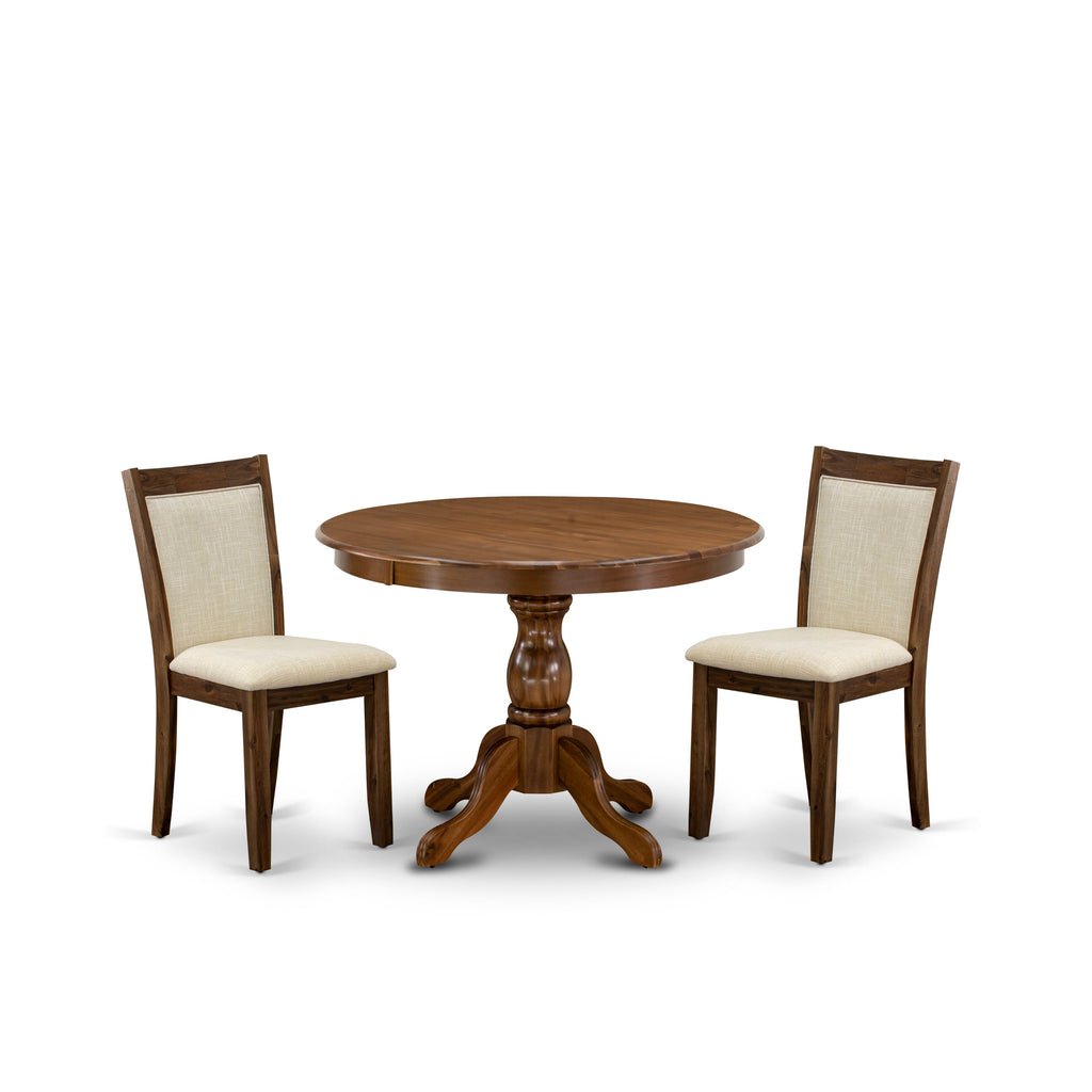 East West Furniture HBMZ3-AWN-02 3 Piece Kitchen Table Set for Small Spaces Contains a Round Dining Room Table with Pedestal and 2 Linen Fabric Upholstered Chairs, 42x42 Inch, Antique Walnut