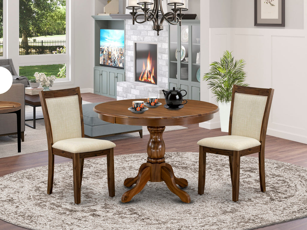 East West Furniture HBMZ3-AWN-02 3 Piece Kitchen Table Set for Small Spaces Contains a Round Dining Room Table with Pedestal and 2 Linen Fabric Upholstered Chairs, 42x42 Inch, Antique Walnut