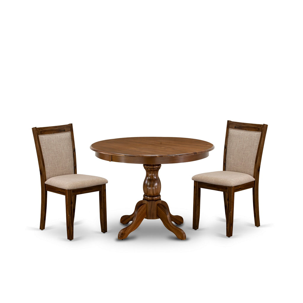 East West Furniture HBMZ3-AWN-04 3 Piece Dining Table Set Contains a Round Dining Room Table with Pedestal and 2 Light Tan Linen Fabric Upholstered Chairs, 42x42 Inch, Antique Walnut