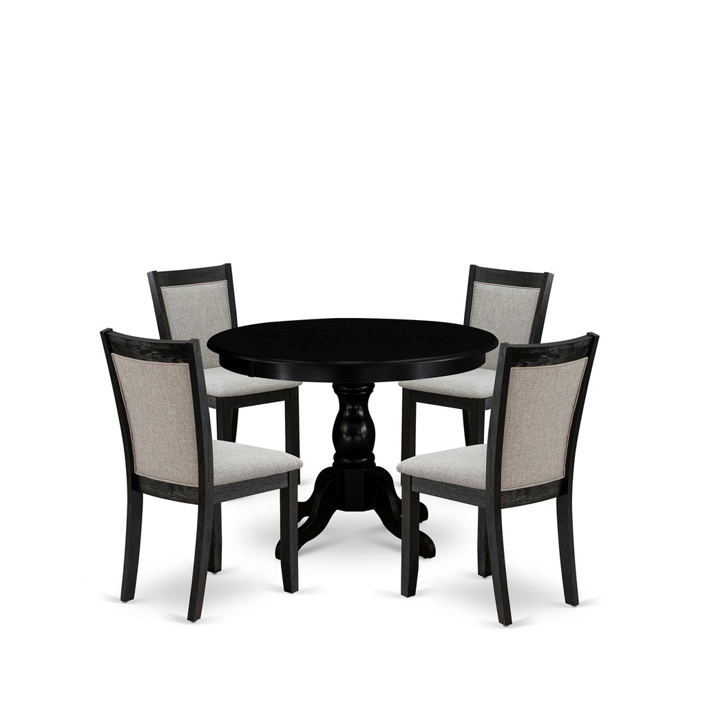 East West Furniture HBMZ5-AB6-06 5 Piece Dining Room Furniture Set Includes a Round Dining Table with Pedestal and 4 Shitake Linen Fabric Parsons Chairs, 42x42 Inch, Wirebrushed Black