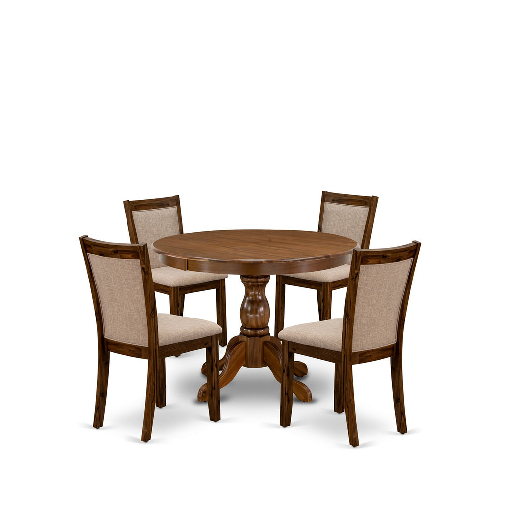 East West Furniture HBMZ5-AWN-04 5 Piece Dining Table Set for 4 Includes a Round Kitchen Table with Pedestal and 4 Light Tan Linen Fabric Parson Dining Chairs, 42x42 Inch, Antique Walnut